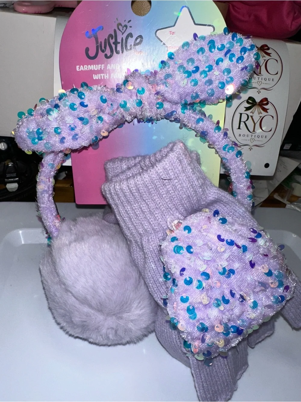 Justice Lilac Sequin Earmuffs and Matching Gloves Set
